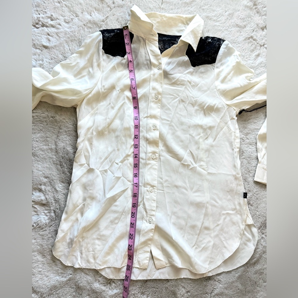 NWT True Religion Silk Women’s Long Sleeve Lace Cream Blouse Size Small Petite - Picture 10 of 14